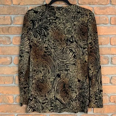 Laura Ashley Jacquard Feather Print Button Down Knit Blouse Black Gold - Size S