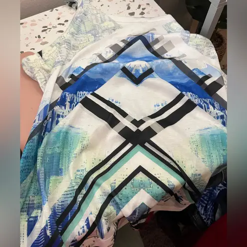 One World Poncho Overlay Blouse Abstract Geometric Print Blue White XL