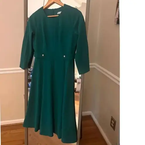 London Style Green Fit & Flare Dress Size 4 Classic Midi Long Sleeve Elegant