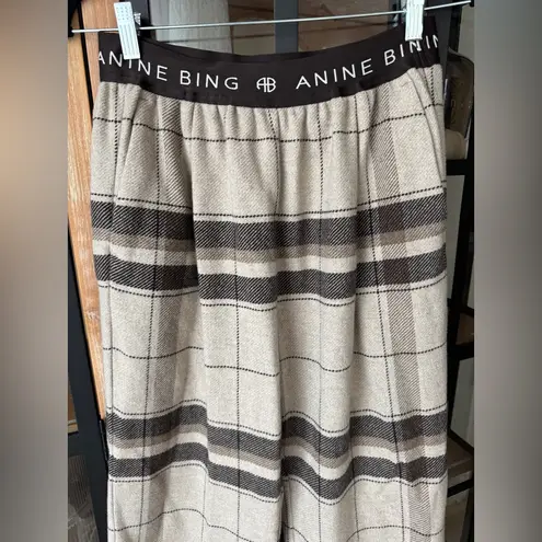 ANINE BING Karina Checked Wool Straight wide leg Pants khaki plaid trousers