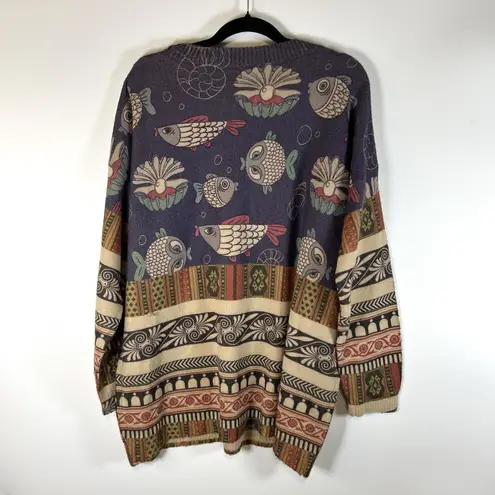 Boho Artsy Fish Graphic Sweater Women's Colorful Wool Knit Pullover Size XXL Purple