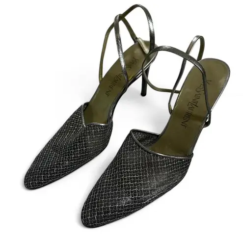 Vintage Yves Saint Laurent mesh grey ankle strap 2.5in heels Silver Size 7