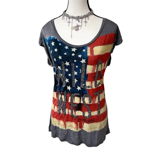 VTG. WESTERN RHINESTONE WILD WEST CUT OUT T SHIRT SMALL Blue