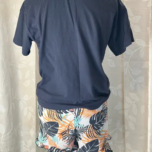 Ambrielle Sleepwear Set Small Navy Tee Tropical Print Ruffle Shorts Lounge Blue
