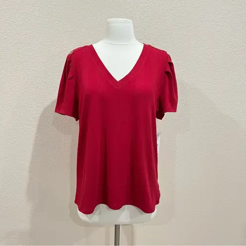 89th & Madison Red Ribbed Top with Gold Rhinestone Grommets NWT Size Large