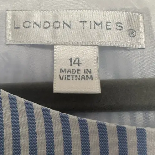 London Times Blue & White Seersucker Sheath Midi Dress Sleeveless, Size 14.