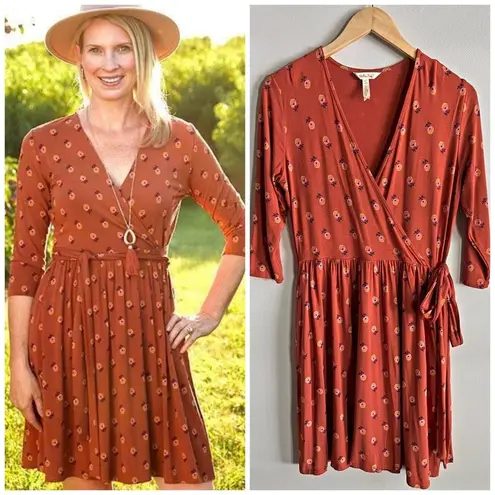 Matilda Jane Isn’t It Lovely Faux Wrap Dress Orange Floral Jersey Knit Small