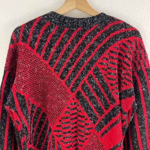 Vintage 80s Retro Red Black Geometric V Neck Grandpa Chunky Cardigan Sweater Size L