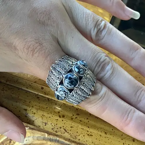 White Buffalo Sterling Silver Feather Ring Size 9 Black