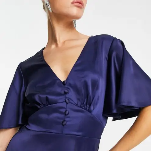 FLOUNCE LONDON Navy Satin Flutter Sleeve Mini Dress Womens Sz 16 Short Sleeve V Blue