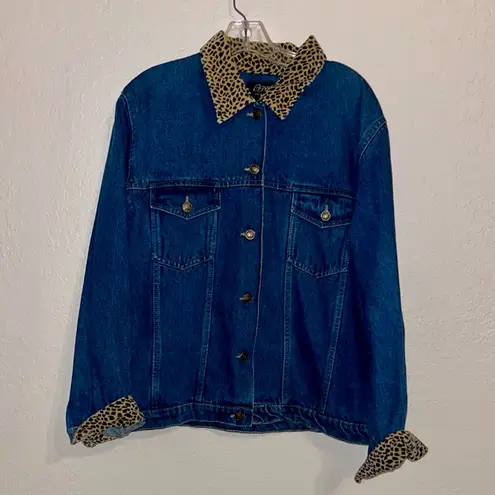 Vintage AGAPO Leopard Collar Denim Jacket with velvety Patchwork back Blue Size 1X