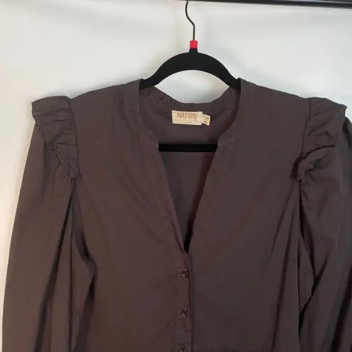 Nation Ltd Brown Ruffle Tiered Maxi Dress M Boho Cottagecore V-Neck Button Front