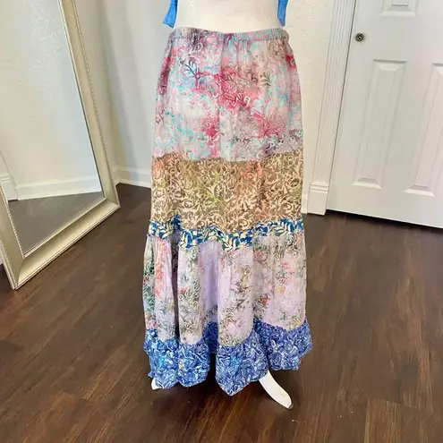 Boho Whimsygoth Multi Pink Blue Tiered Cotton Full Maxi Skirt L Size L