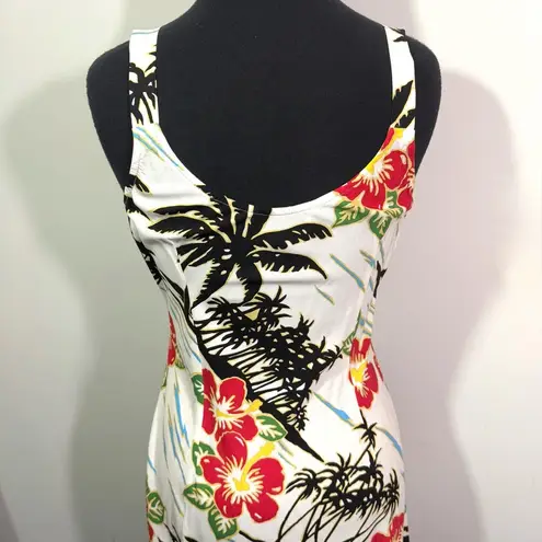 Vintage Hilo Hottie Topical Palm Tree Hibiscus Flower Print Dress White Size M