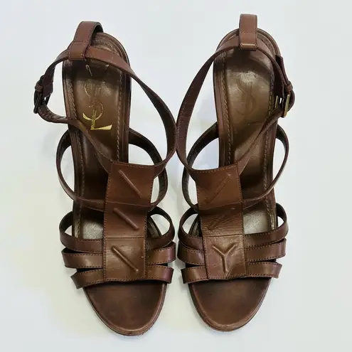 YSL Yves St Laurent Strappy Brown Leather High Heel Stiletto Sandal Shoe Size 38