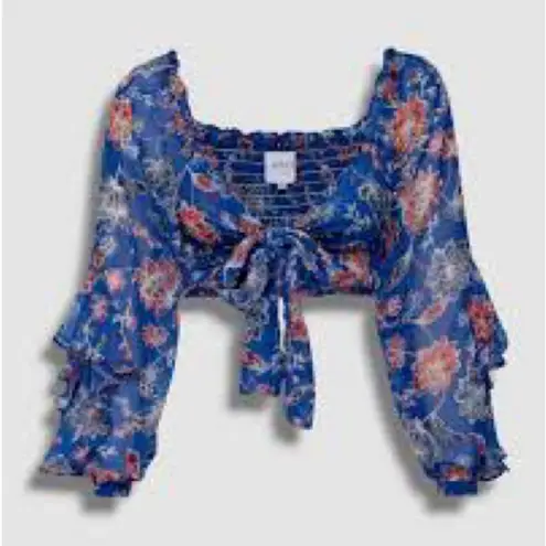 MISA Los Angeles NWOT $275 Blue Floral V-Neck Smocked Crop Blouse Top Size M