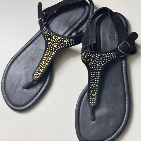 Mixit Women's Black with Rhinestone Detailing T Strap Style Sandals Sz 7