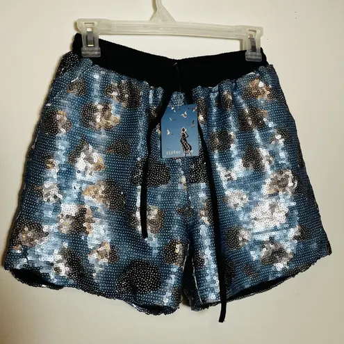 Sister Jane Sequin Storm Cloud Shorts Elastic Waist Pockets Sz Small NEW Blue