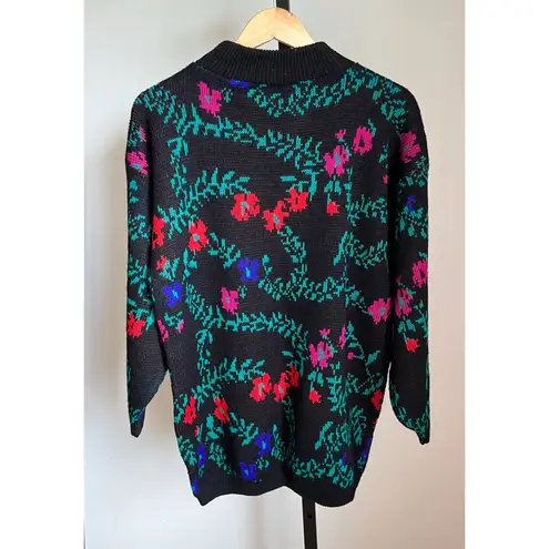 Laura Ashley Vintage 90s Abstract Print Black Mock Neck Tunic Sweater Large