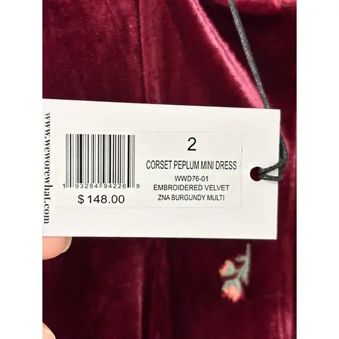 We Wore What NWT Corset Peplum Mini Dress Embroidered Velvet Burgundy Women's US 2