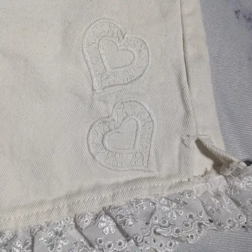 Vtg 1990s Jordache White Denim Eyelet Lace Trim Heart Embroidered Shorts 13 14