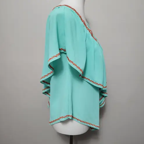 C. Luce Turquoise & Orange Ruffle Overlay Embroidered Vneck Blouse Size Small