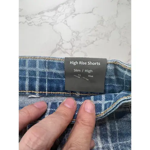 Tractr High Rise Plaid Denim Shorts 12/31 Blue