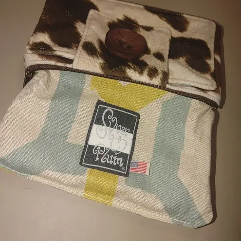 Silver Plum Cowhide Print Crossbody Purse Brown Beige Button Accent Zip Closure White