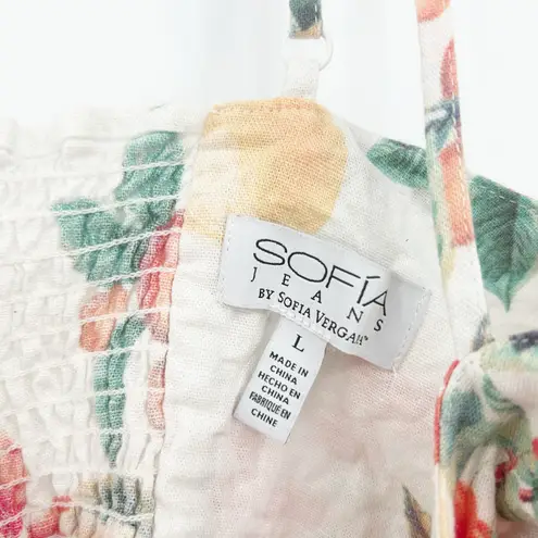 Sofia Jeans by Sofia Vergara Linen Blend Knot Front Floral Peplum Tank Cami Top White Size L