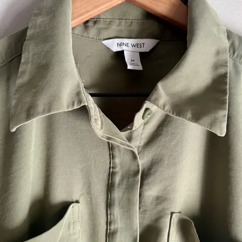 Nine West Long Sleeve Utility Olive Green Tie Waist Jumpsuit Size Medium