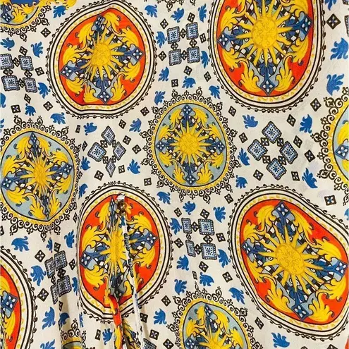 Charter Club Eclectic Hippie Blue Vermillion White Yellow Retro Medallion Blouse