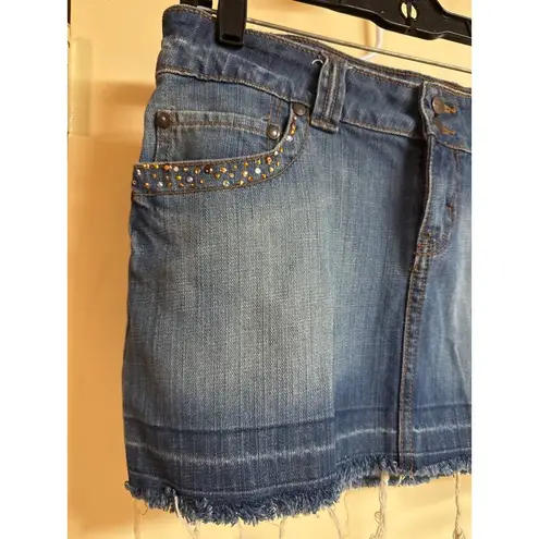 Jordache Womens Denim Mini Skirt With Rhinestone Accents & Frayed Hem