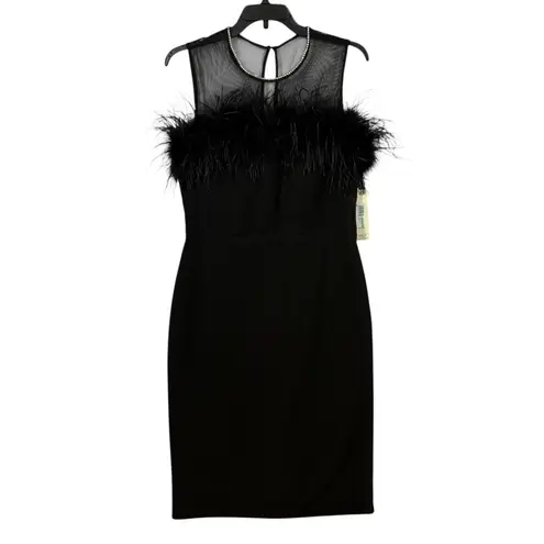 Eliza J NWT Black Feather Trim Illusion Neck Sheath Cocktail Dress 8 M