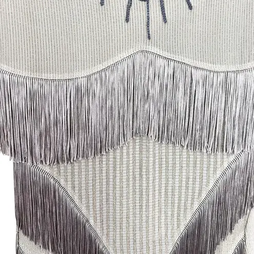 Save The Queen Long Sleeve Metallic Stripe Fringe Dress Greige Women's Small