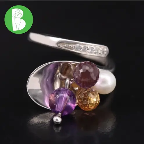 FINE STERLING SILVER 925 CITRINE, AMETHYST, AND PEARL BEADED GEMSTONE RING (7) Purple