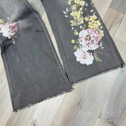 Diane Gilman DG2 Floral Embroidered Wide Leg Stretch Jean Grey 12 Raw Hem Gray