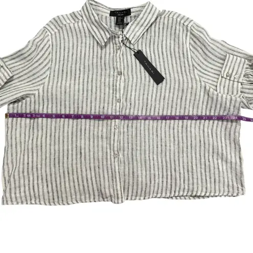 Tahari NWT 100% Linen Stripe Button Up Boxy Cropped Shirt XL Long Sleeve
