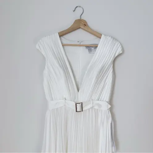 Mac Duggal NEW Pleated Cap Sleeve Belted A-line Midi Dress Gown Whiteb