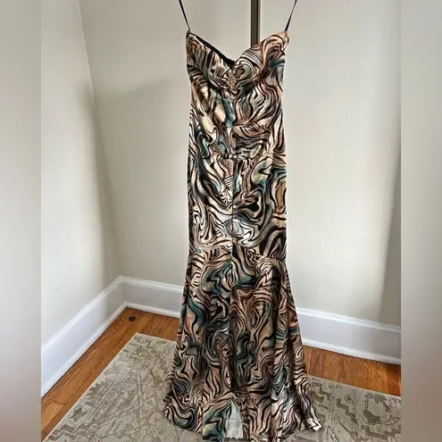 Xscape Strapless Ruched Marble Swirl Gown Size 6 Y2K Rhinestone Forma Blue