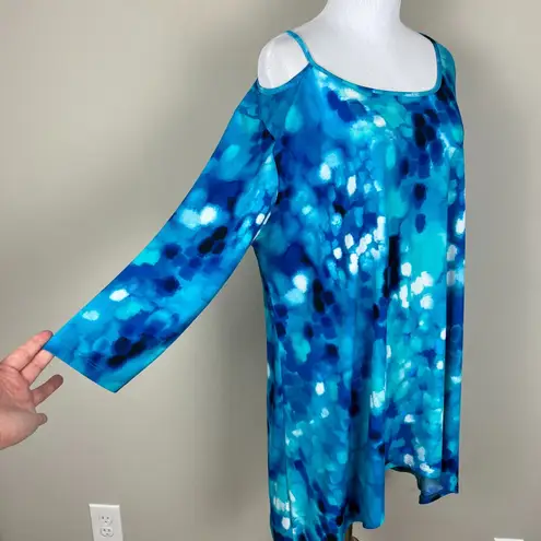 Clara Sun Woo Tunic Top Womens XL Blue Handkerchief Hem Cut Out Printed Artsy