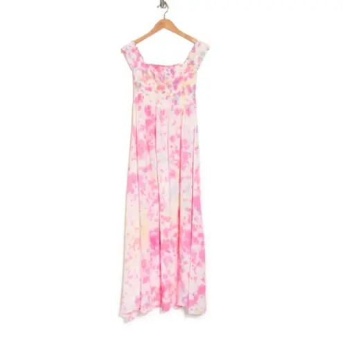 NEW AREA STARS Kaia Tie Dye Smocked Midi Dress In Multi Large Fairy Babydoll Pink