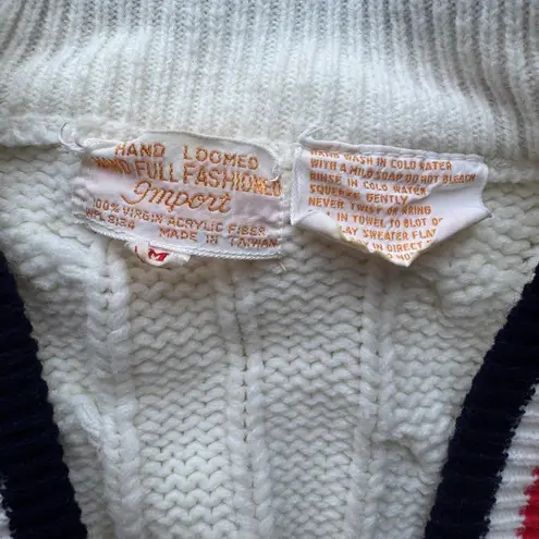 Vintage Full Fashioned Sweater Womens Medium Cable Knit Cardigan 80s Red Blue White