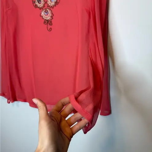 Newport News Sheer Coral Blouse with beaded Embroidery Size 12