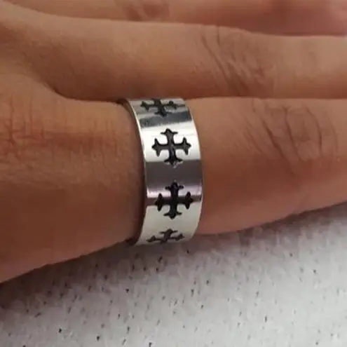Silver Black Enamel Cross Band Ring Size