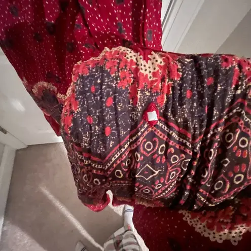 Vintage Red Patterned Boho Maxi Dress with Tie at Waist Size L Size L