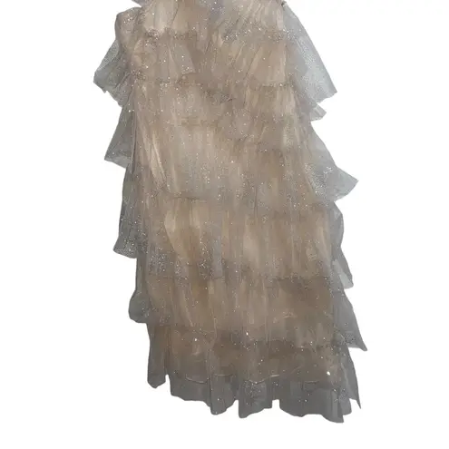 The Bar NEW NWOT Kai Tiered Tulle Halter Midi Dress In Sparkle Nude