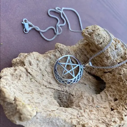 Celtic Crescent Moon And Star Sterling Silver Necklace Popcorn Chain Silver