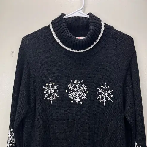 Quacker Factory Black Snowflakes Glitter Sequin Turtleneck Tunic Sweater MEDIUM
