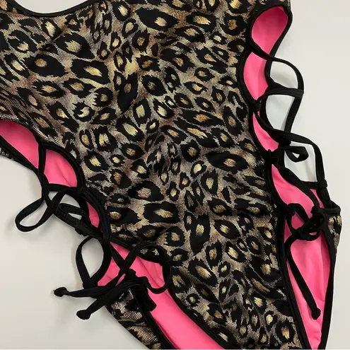 Chynnadolls Swimsuit Vegas Lace Up One Piece Lined Leopard Hologram Print Black Size L