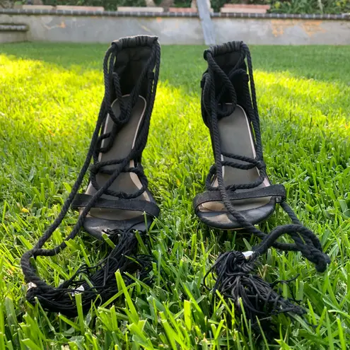 Missguided Black Embroidered Lace Up Block Heels